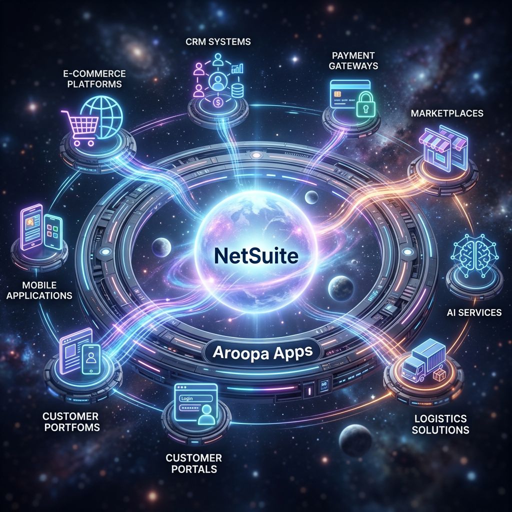 A highly detailed futuristic digital ecosystem in space featuring a glowing core labeled 'NetSuite' at the center, surrounded by an orbital ring platform labeled 'Aroopa Apps'. Multiple business systems like e-commerce and AI services orbit around, with luminous data traffic flowing through the platform, showcasing intelligent orchestration and workflow management in a corporate technology aesthetic with blue and purple neon lighting.