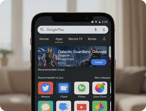 the google play store app on a phone in a living room
