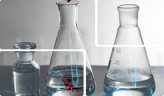 beakers, flasks, and a flask