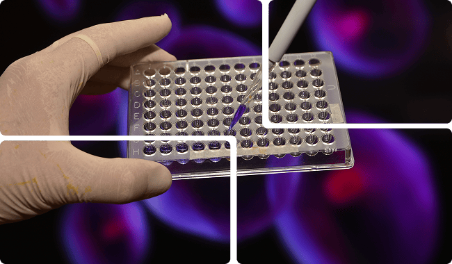 a person is holding a test tube in front of a purple background