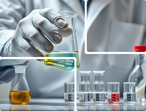 a scientist in a lab holding a flask and a beaker