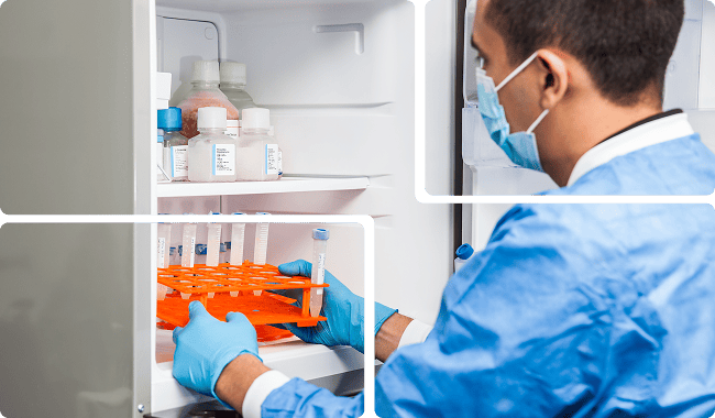 a man in a lab coat is preparing a sample in a refrigerator