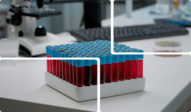 a lab with a microscope and test tubes on a desk