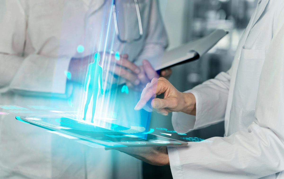 Abstract representation of artificial intelligence in a medical context.