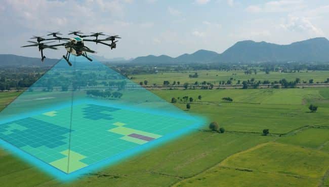 3D map of a farm field generated from UAV data, showing terrain variations.