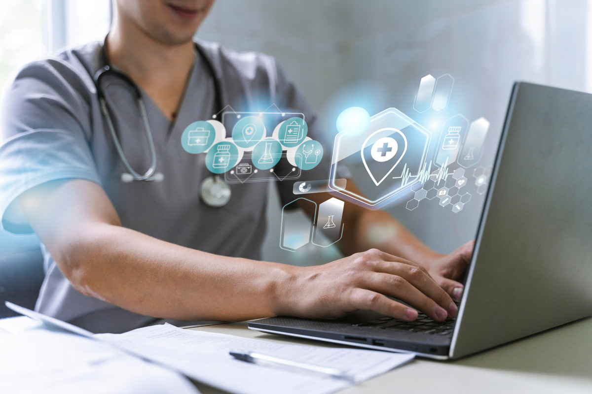 Collaborative team of software developers working on a healthcare application, symbolizing custom solutions.