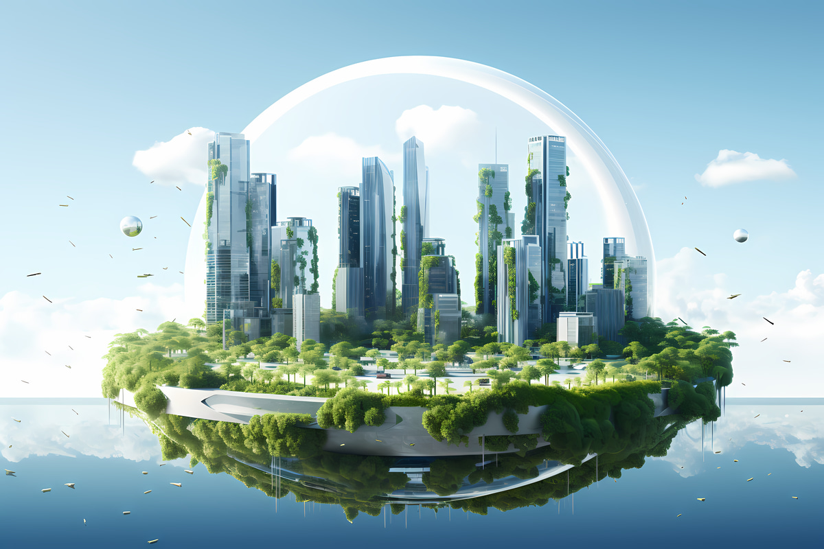 Green building with solar panels and lush surroundings, symbolizing sustainable construction.