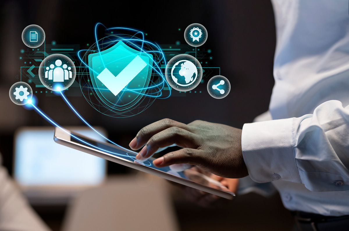 Digital shield protecting financial data, symbolizing robust security.