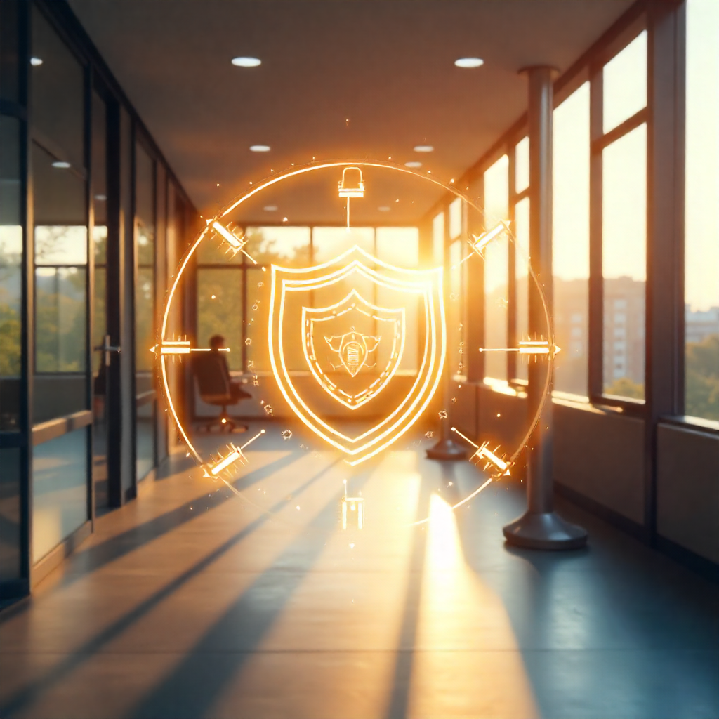 a shield in the hallway of an office building