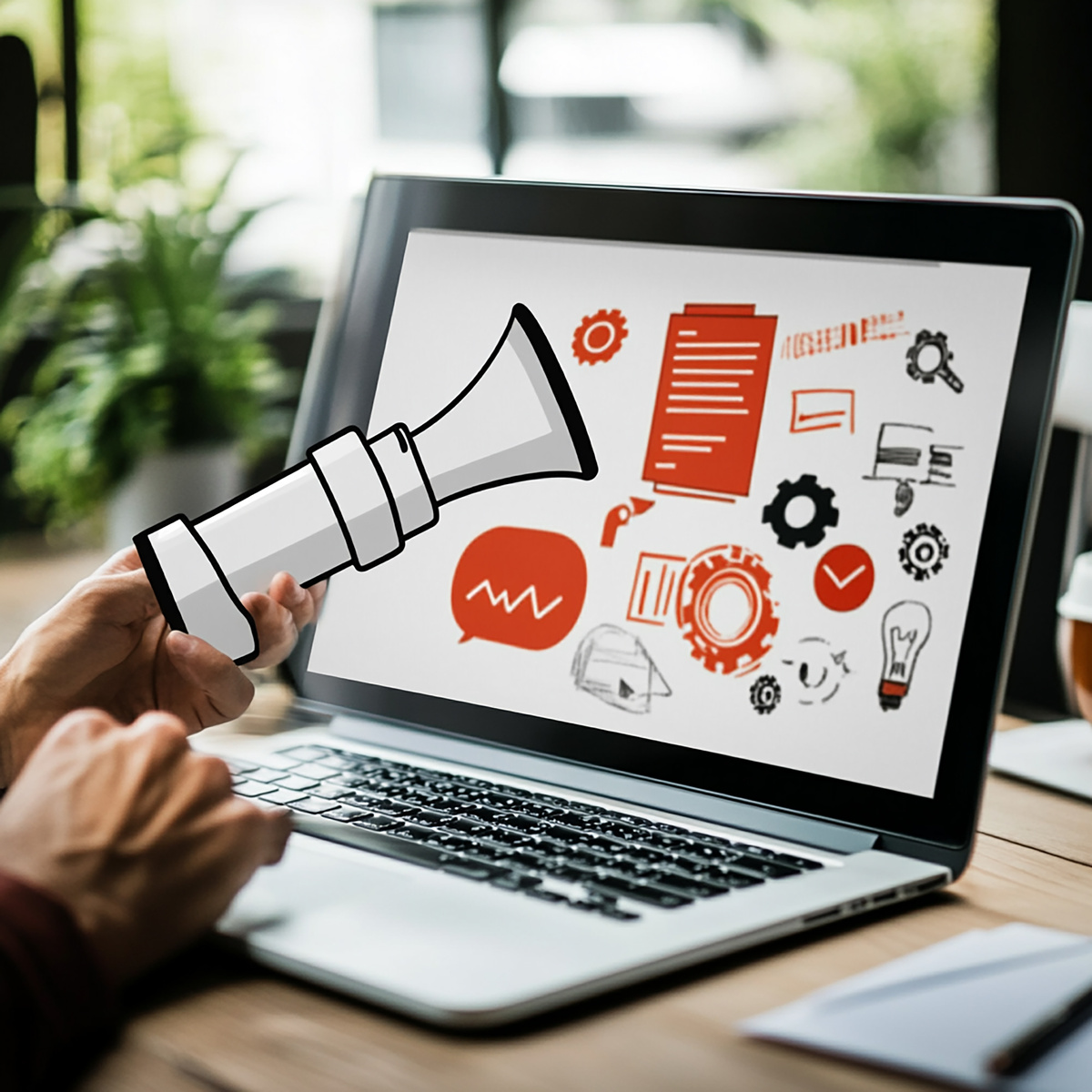 a man holding a megaphone in front of a laptop
