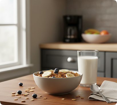 a bowl of cereal on a table next to a glass of milk