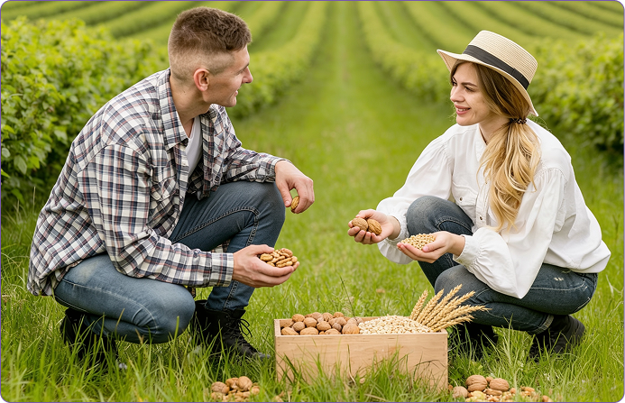 a man and a woman picking up nuts in a field