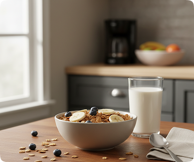 a bowl of cereal next to a glass of milk