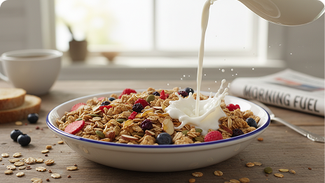 granola being poured into a bowl
