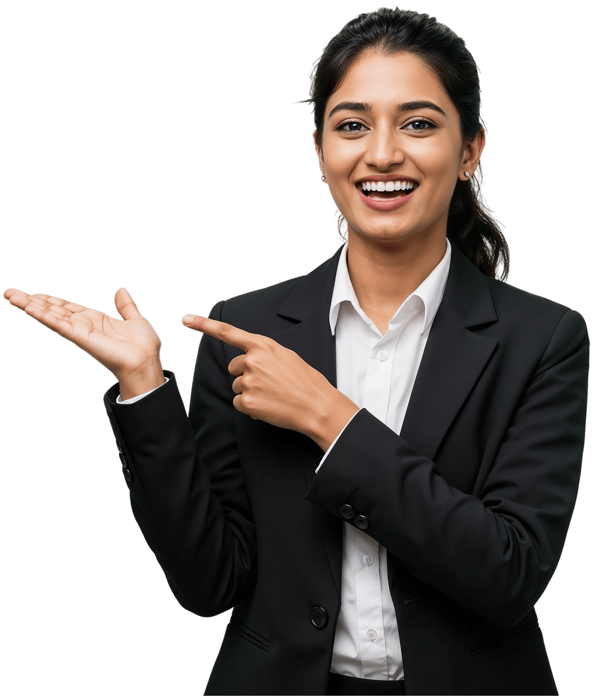 young business woman pointing to something on a black background