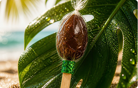 a chocolate lollipop on a stick on the beach