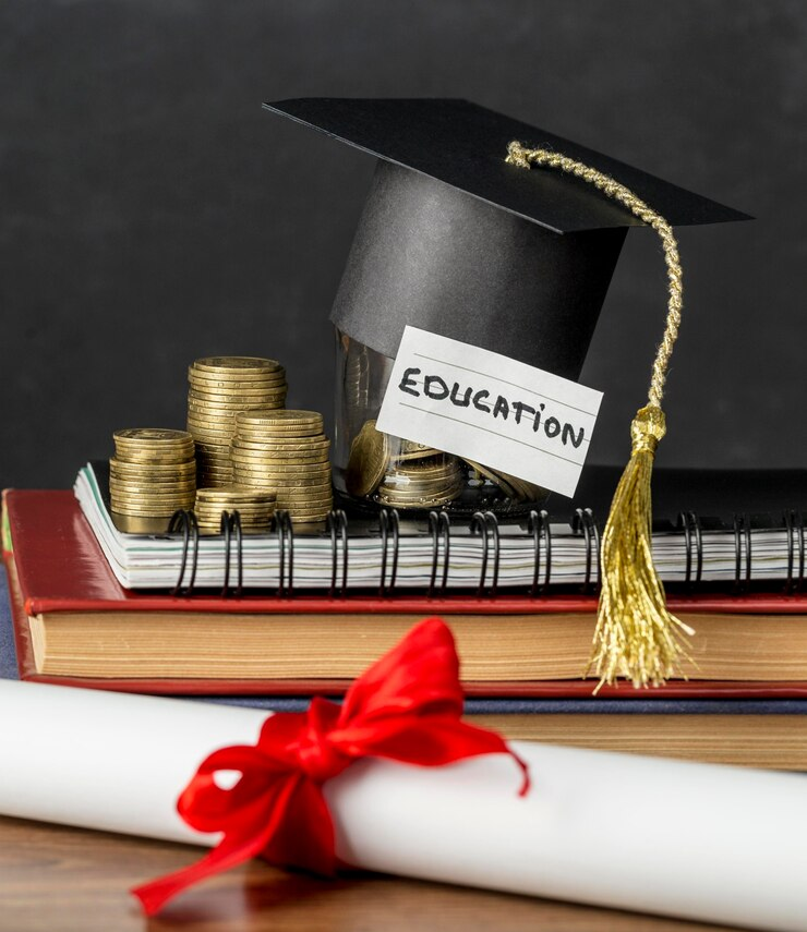 graduation hat and money on books and bookshelf stock photo