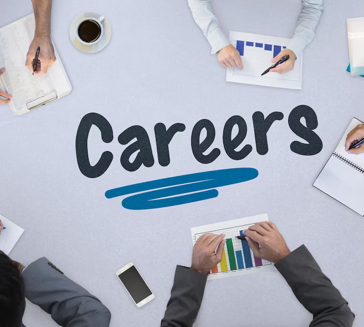 a group of people at a table with the word careers written on it