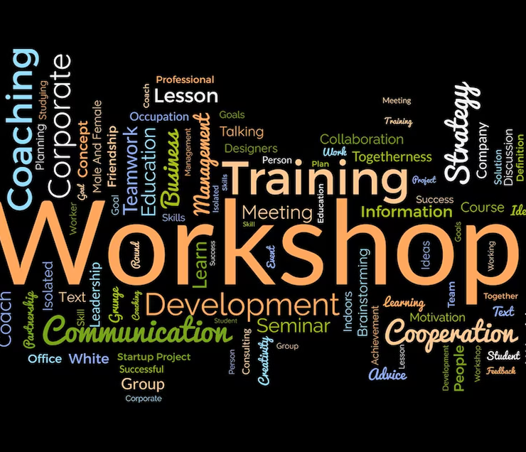 a word cloud with the words training workshop