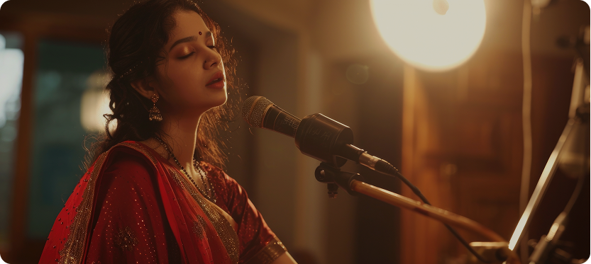 a woman singing in front of a microphone