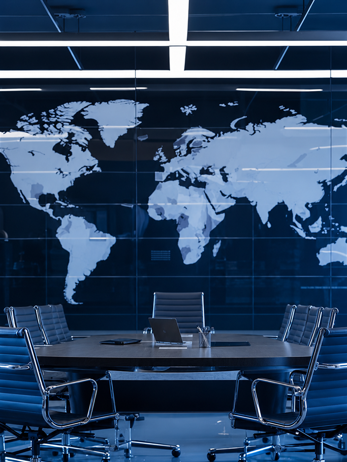 a conference room with a world map on the wall