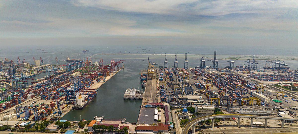 an aerial view of a container port in singapore