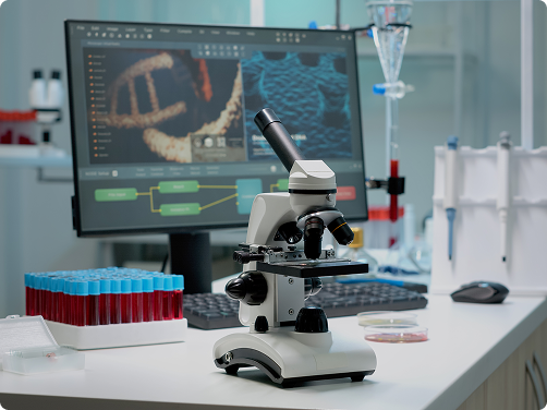 a microscope on a desk in a laboratory