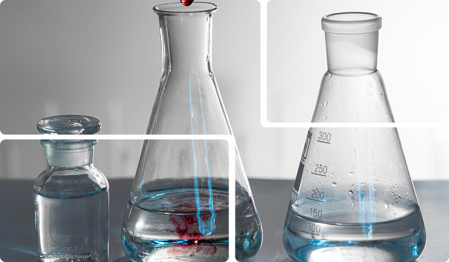 beakers, flasks, and a flask