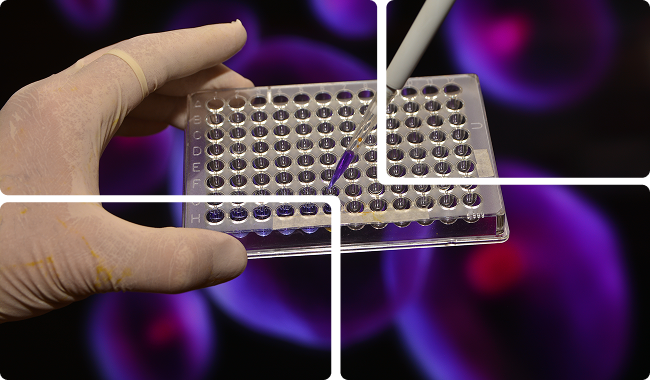 a person is holding a test tube in front of a purple background