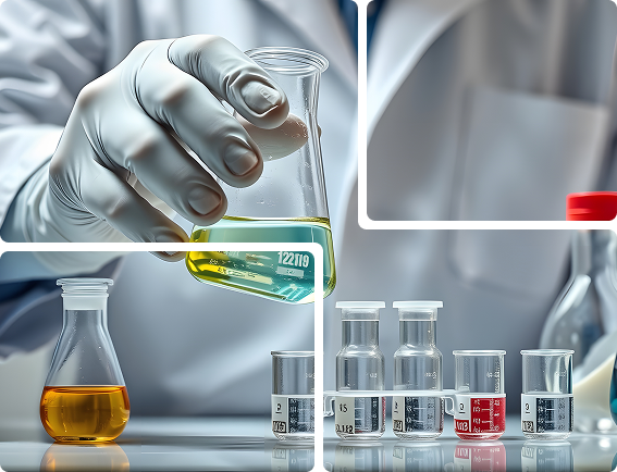a scientist in a lab holding a flask and a beaker