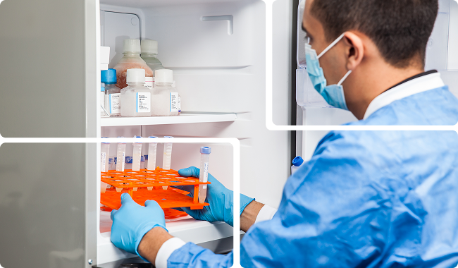 a man in a lab coat is preparing a sample in a refrigerator