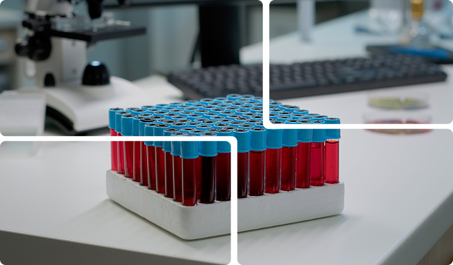 a lab with a microscope and test tubes on a desk