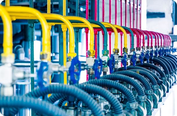hoses in a row in a factory