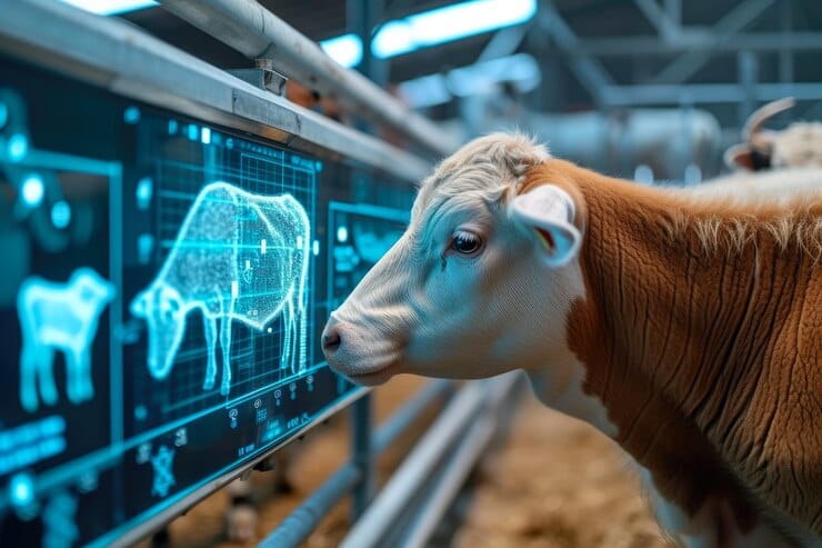 Cattle in a field with digital tags, representing livestock tracking software.