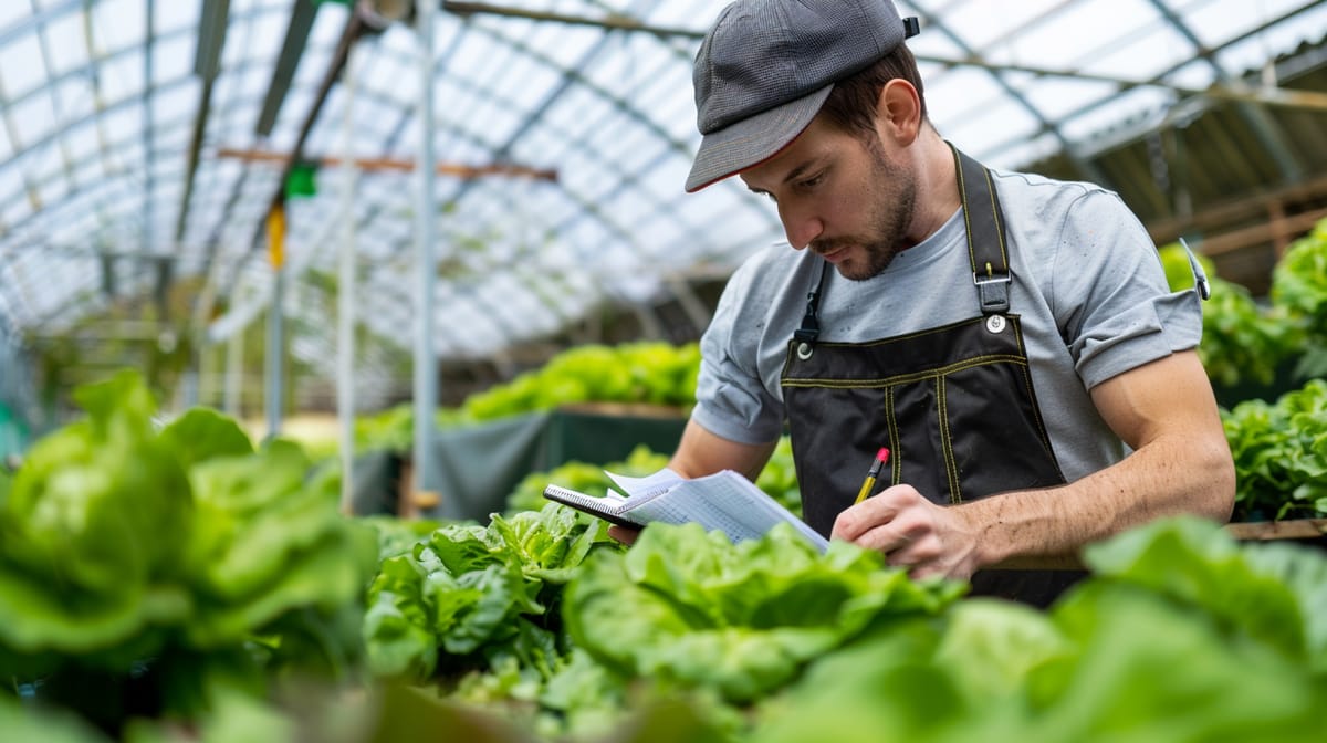 Tablet showing crop planning software interface in a greenhouse.