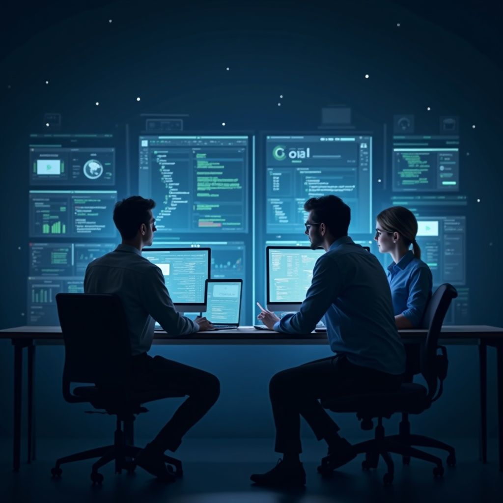 Individual developer focused on coding at a workstation.