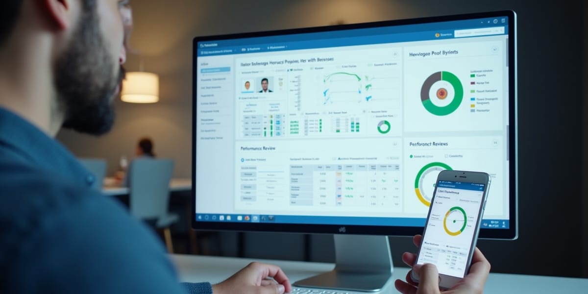 Integrated HRMS software dashboard showing various HR modules.