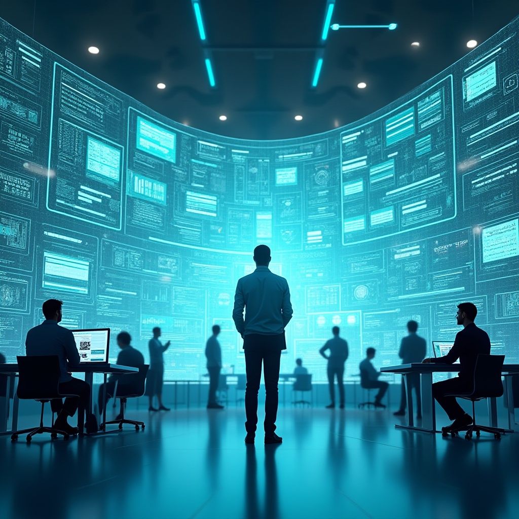 Abstract visual of interconnected nodes representing seamless API and systems integration in a telecom network.