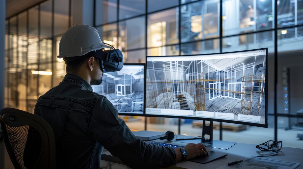 Team of engineers collaborating over a digital blueprint, showcasing Aroopa's construction technology.