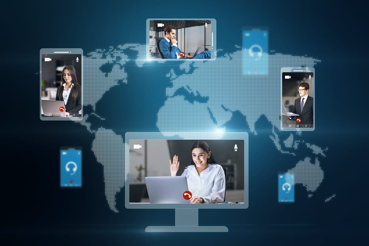 Collage representing virtual law firm tools like video conferencing and cloud dashboards.
