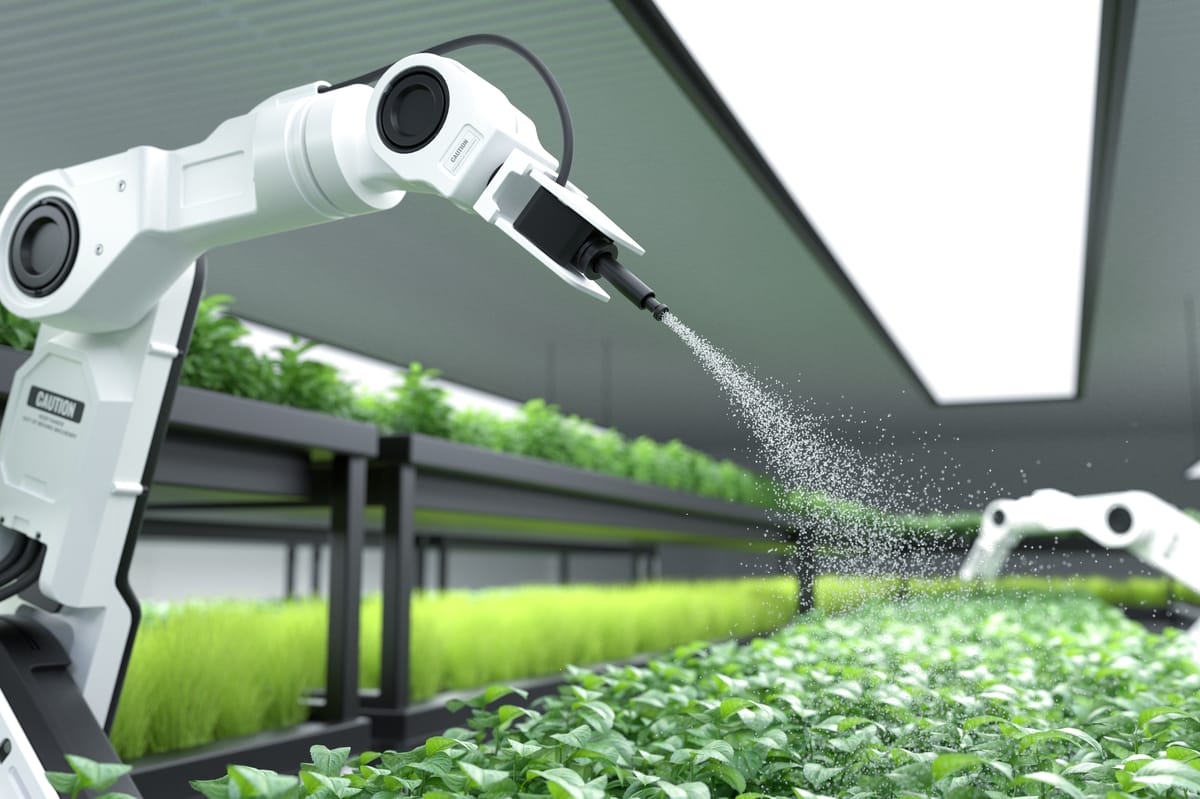 Automated irrigation system in a field controlled by smart sensors.