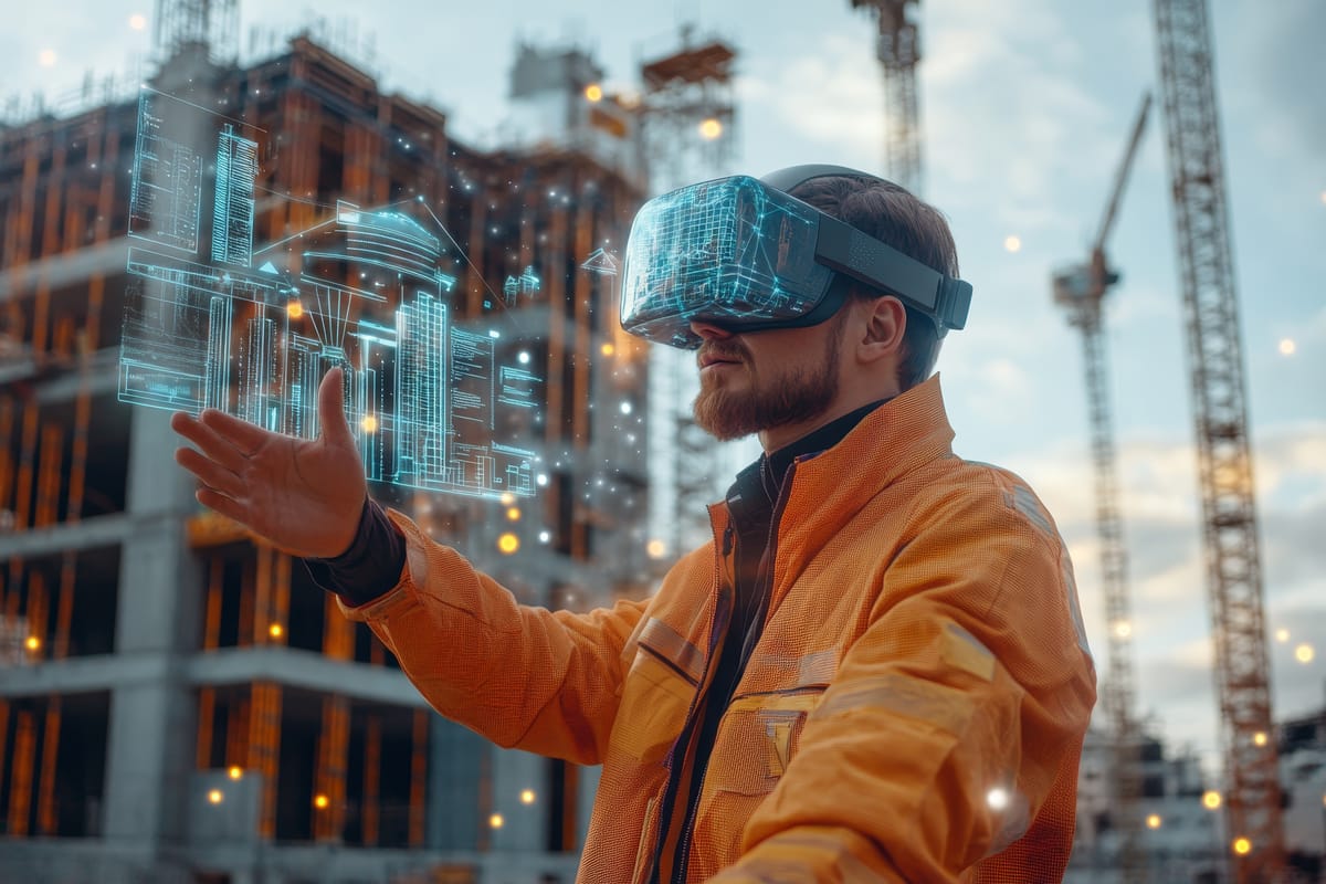 Abstract representation of AI algorithms processing construction data for predictive insights.