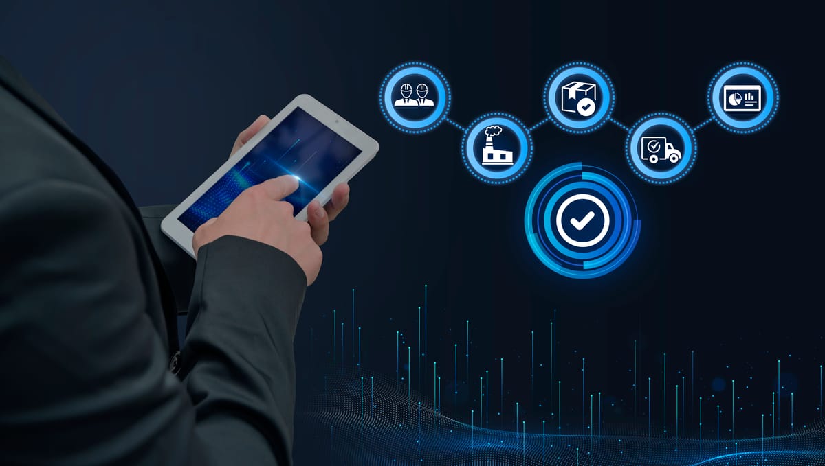 Technician analyzing data on a tablet in an MRO hangar.