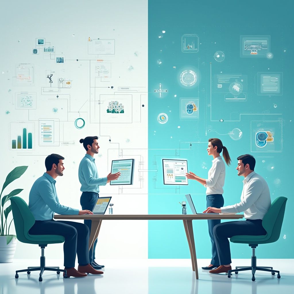 Illustration contrasting an old, rigid legacy system with a modern, flexible cloud-native microservices architecture.