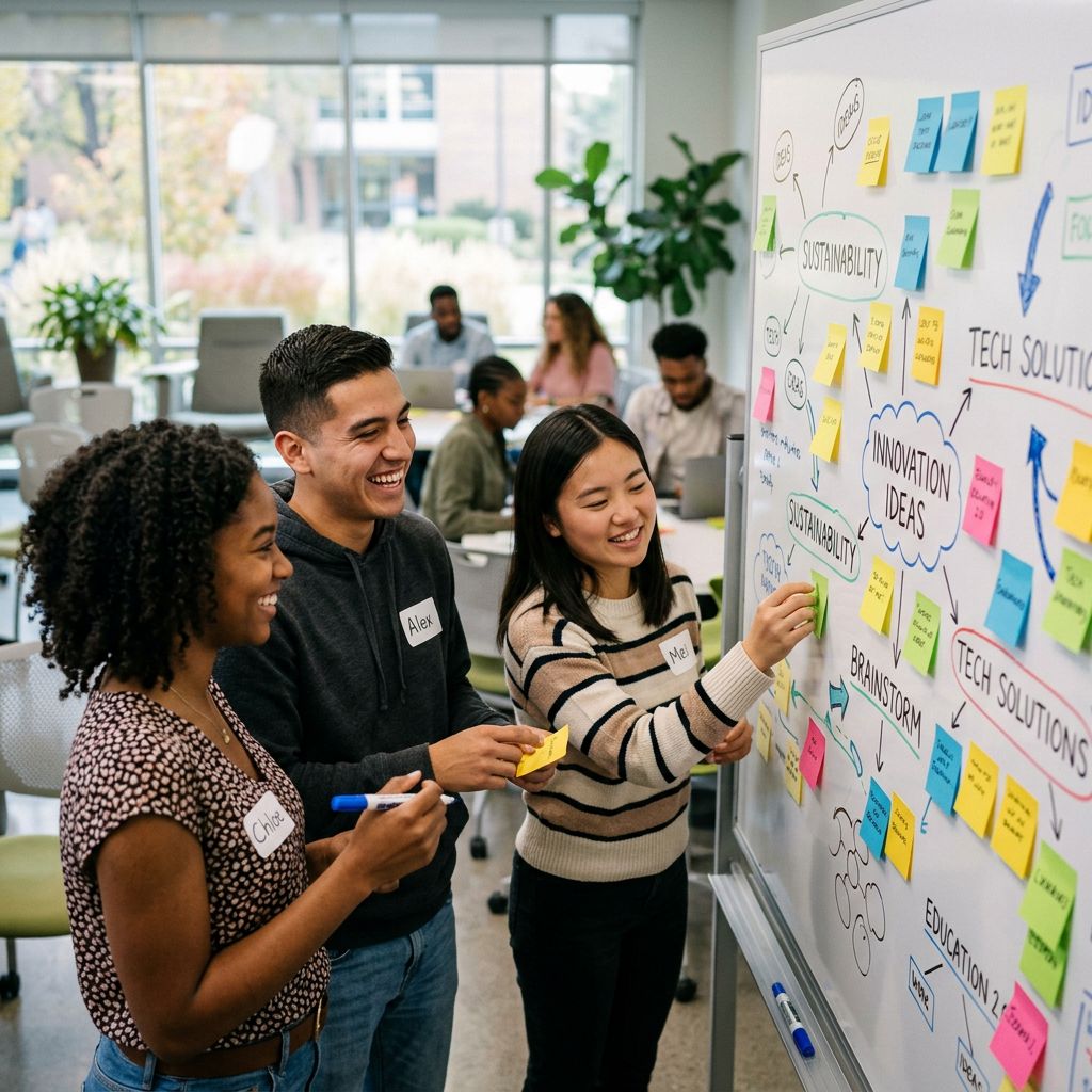 A diverse group of students collaborating on a project, showcasing innovation and teamwork, in a modern classroom setting.